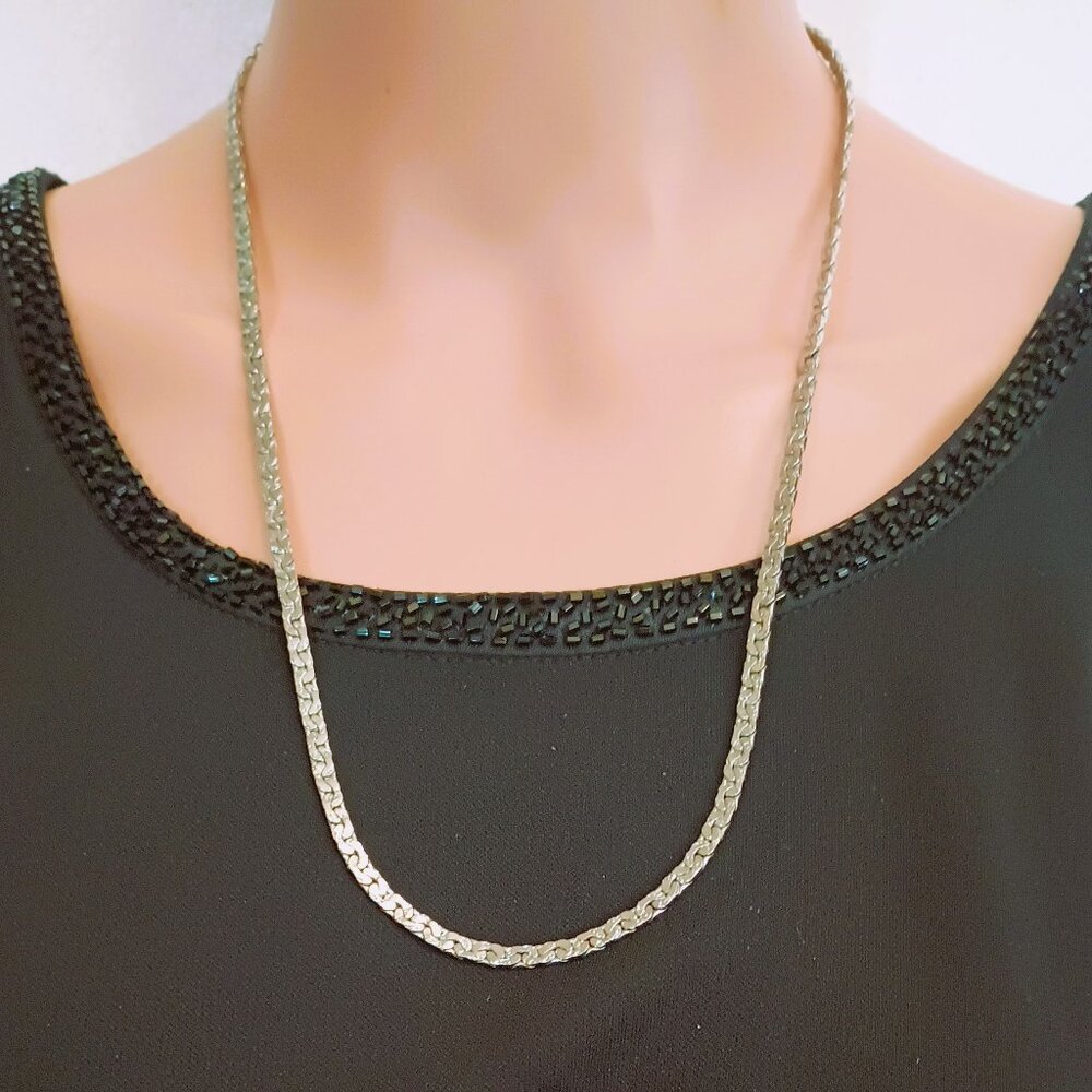 Curb Link Flat Chain Necklace 24" Women's Silver Tone Minimalist Jewelry